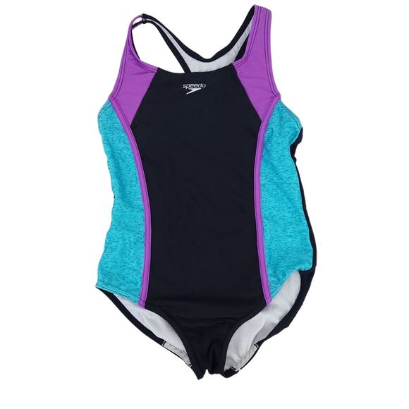 Speedo Girls One Piece Swimsuit Large Colorblock Black Blue Purple Bathing Suit - Picture 1 of 4